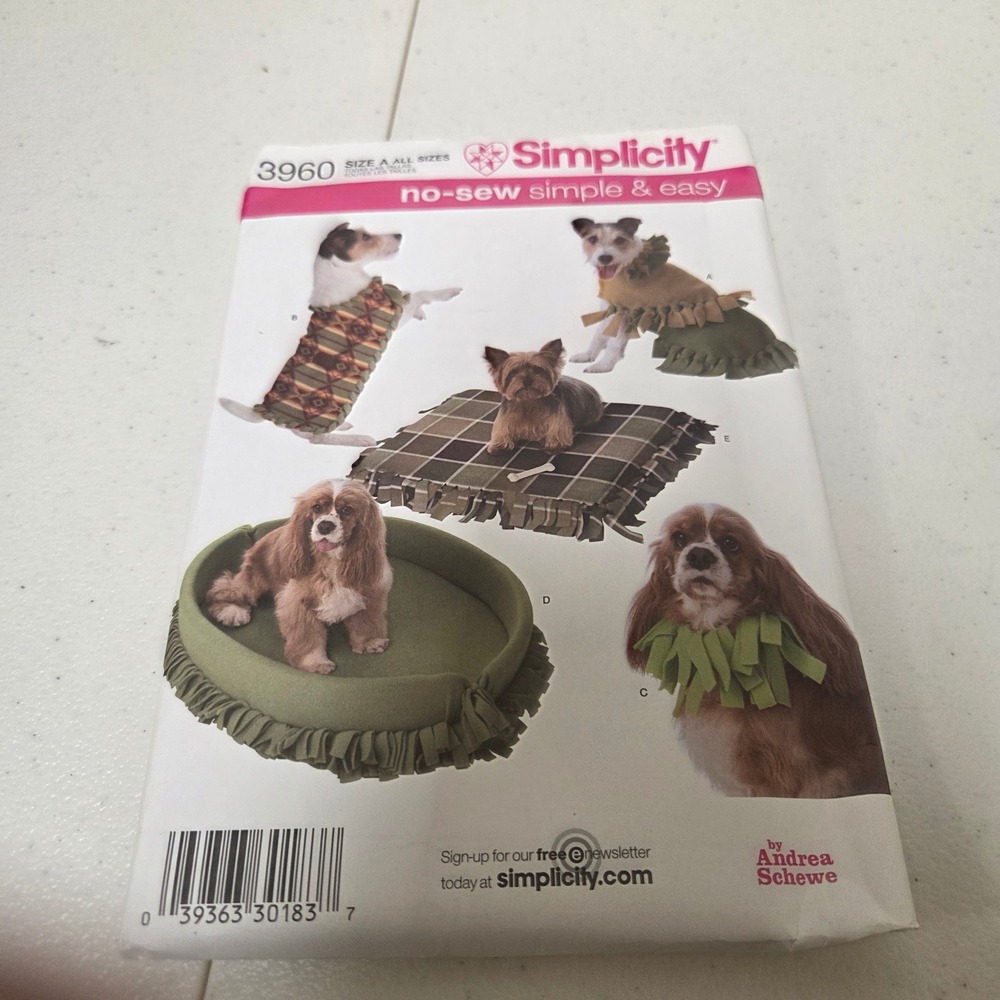 Simplicity 3960 No-Sew Pet Accessories Pattern Dog Coat Bed Collar All Sizes